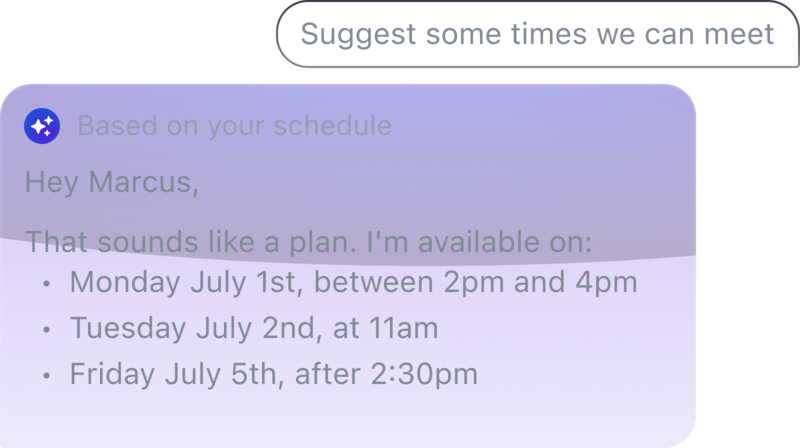 AI assistant responding to 'Suggest some times we can meet' with some meeting suggestion times